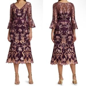 Marchesa Notte Flutter Sleeve V-Neck Embroidered Guipure Lace Midi Dress Size 10